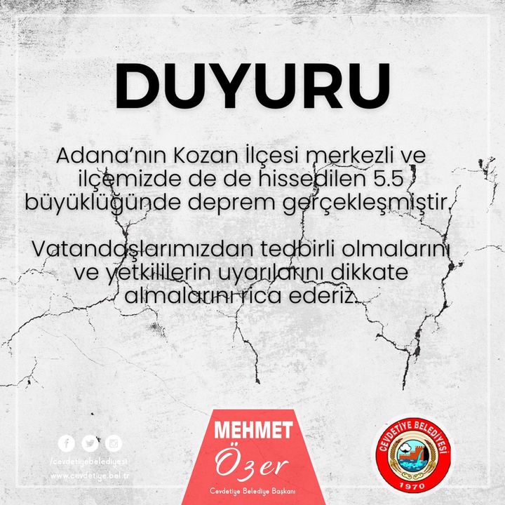 Adana’nın Kozan İlçesi merkezli ve İlimizde de hissedilen 5 5 büyüklüğünde deprem gerçekleşmiştir