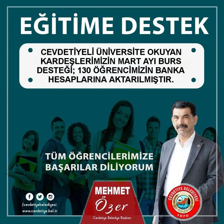 Cevdeti̇yeli̇ Üni̇versi̇te okuyan kardeşleri̇mi̇zi̇n Mart ayı burs desteği̇ 130 öğrenci̇mi̇zi̇n banka hesaplarına aktarılmıştır